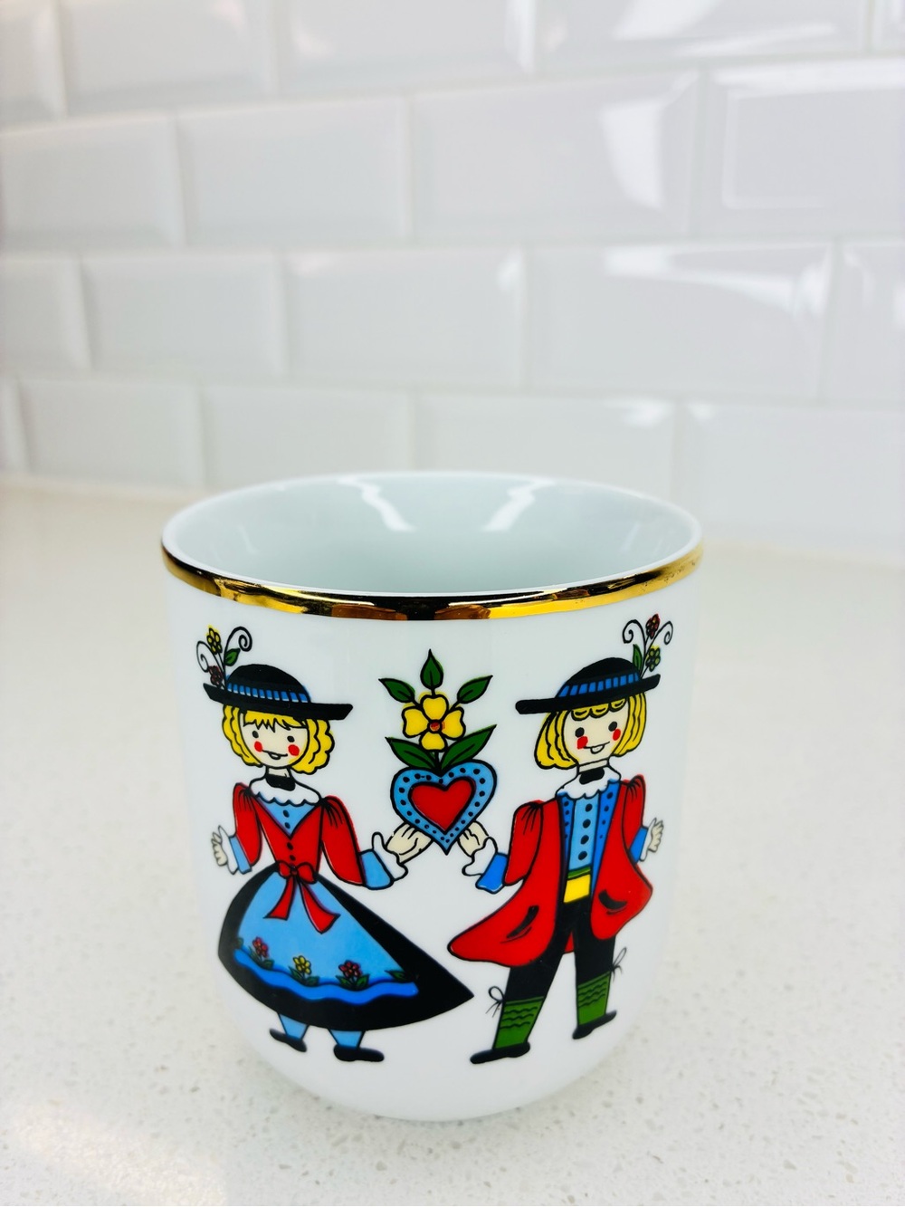 Vintage Schlogl Vienna Austria Folk Art Porcelain Coffee Mug Boy Girl Gold Rim